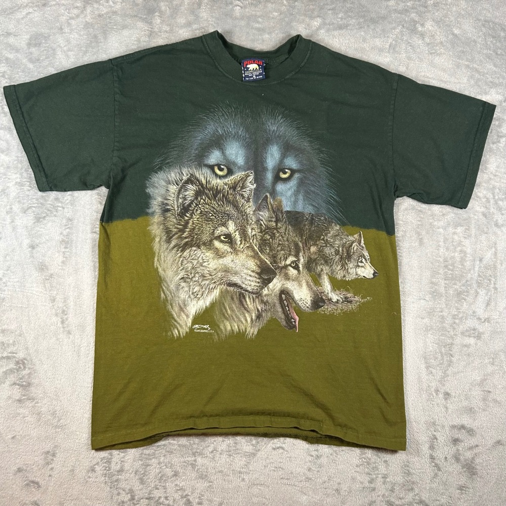 Vintage Polar Graphics USA Wolf T-Shirt Mens Medium Green Olive Dip Dye 90s Tee